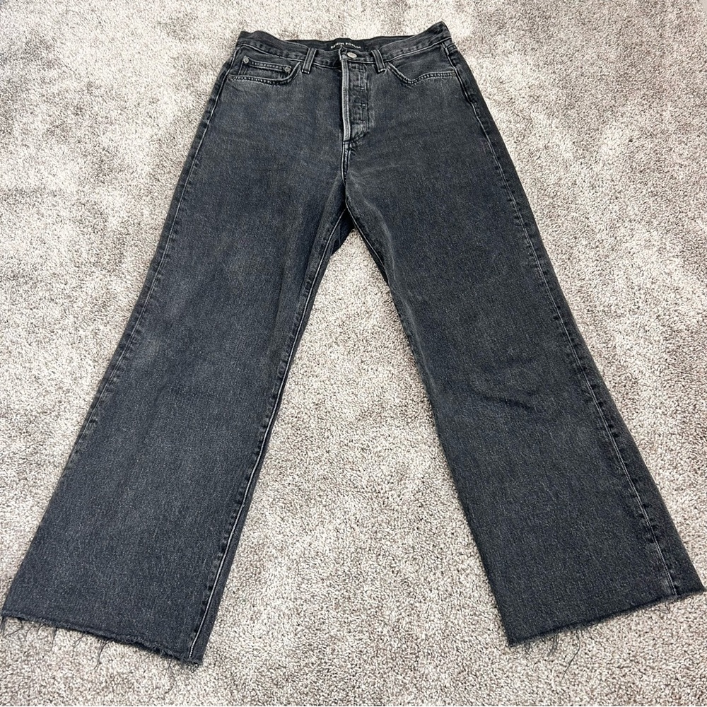 Denim Forum Farrah High Rise Wide Leg Black Flare Jeans Raw Hem
